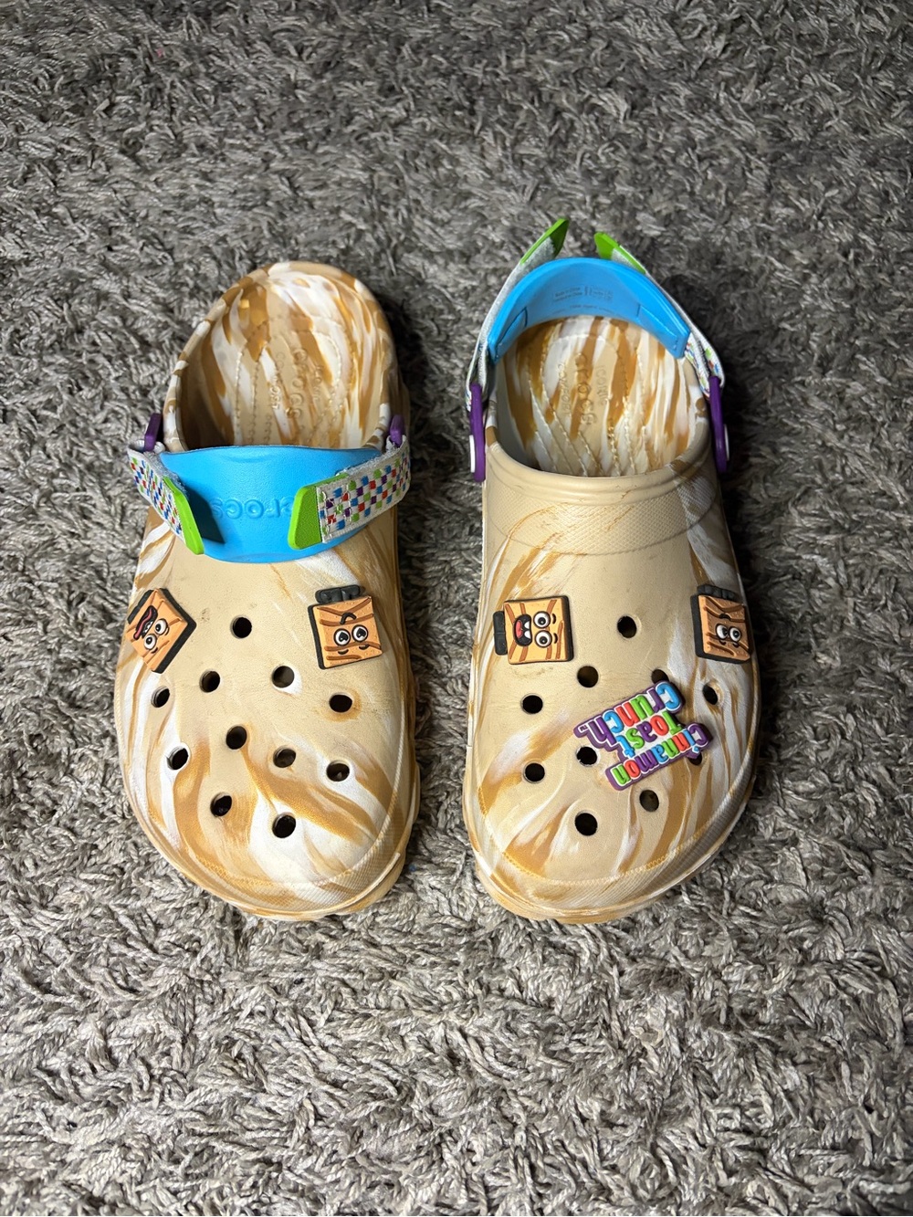 CROCS Kids Swirl Tan Clog with Blue Strap and Charms